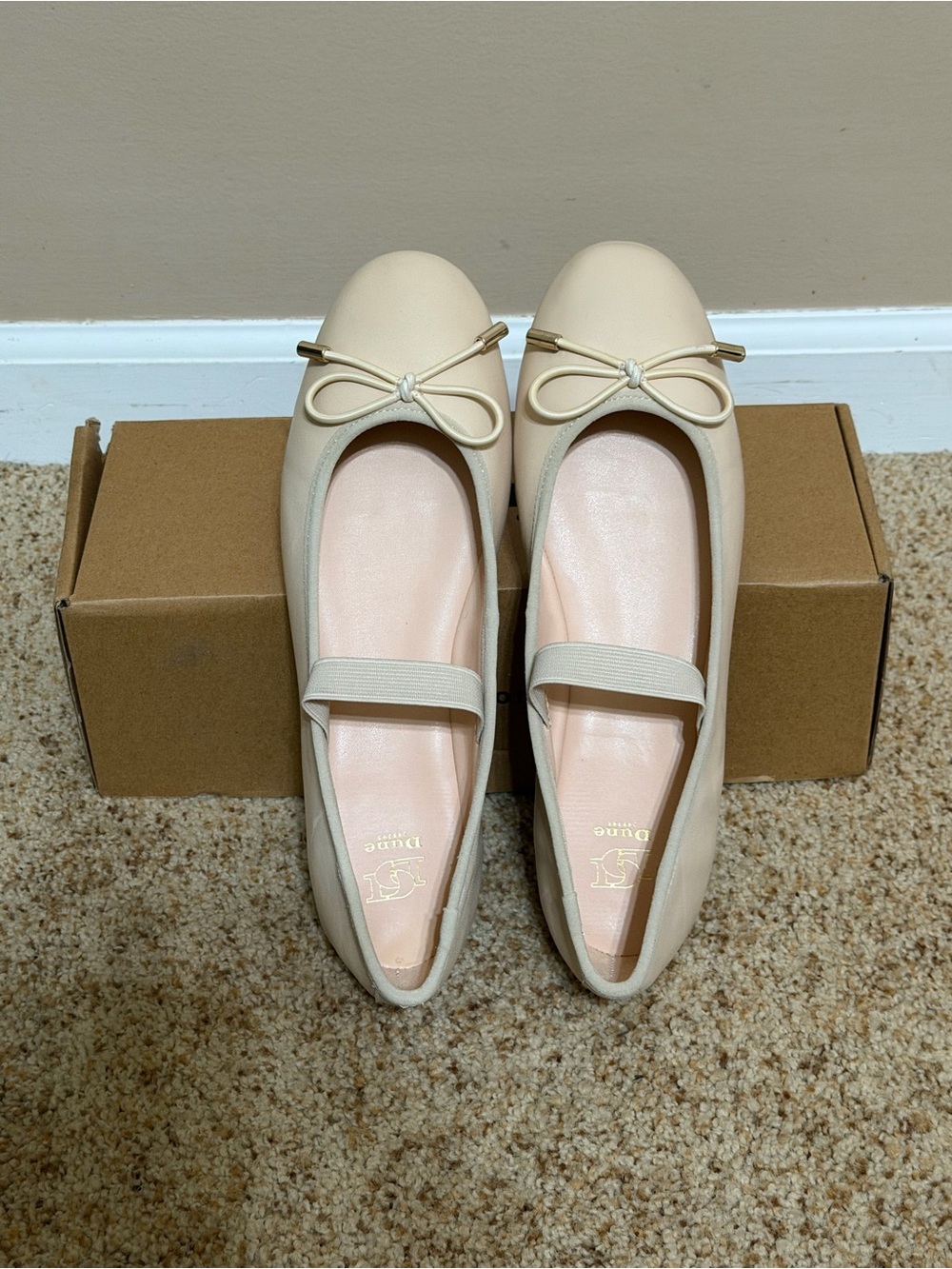 Dune London Cream Ballet Flats with Bow and Strap